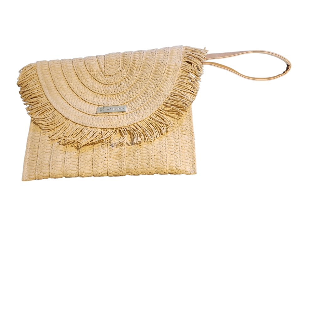 Elegant Cream Straw Fringe Wristlet Clutch